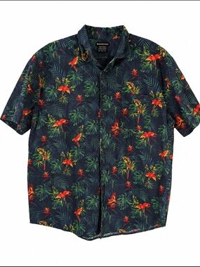 Atlas For Men Navy Blue Tropical Floral Parrot Shirt XL